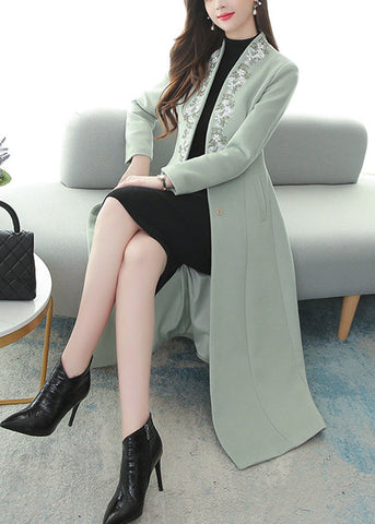 Mintgrüner Maxi-Trenchcoat aus Wolle mit Blumenstickerei und langen Ärmeln 