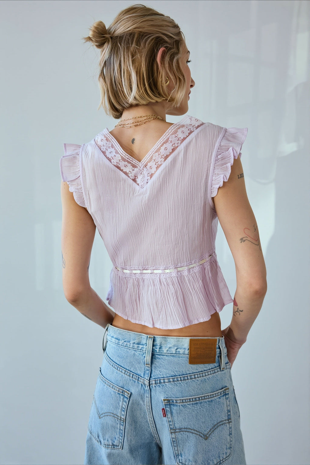 Bow Tie Lace Relaxed Ruffle Blouse