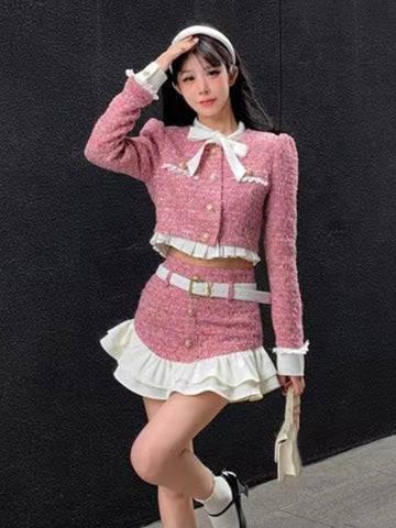 Y2K Tweed 2-teiliges Set für Frauen, Kurzjacke, Mantel + Minirock, Anzüge mit Gürtel, Herbst/Winter, hochwertige koreanische schicke Outfits 