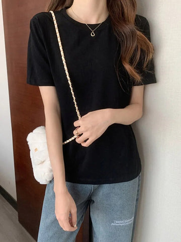 Women's T-Shirt Korean Loose O-Neck Basic Tops Female Spring White Black Tee Shirts