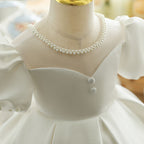 First Communion Dress Baby Girl White Textured Beaded Neck Puffy Christening Dress Toddler Prom Dress