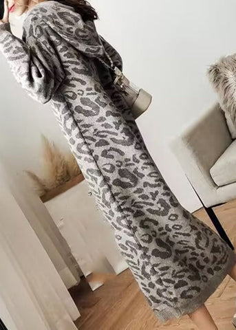 Vestido de suéter de punto con capucha acogedor de leopardo gris de moda para otoño 
