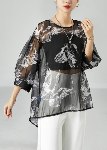 Boho Schwarz Oversized Print Tüll UPF 50+ Tops Armband Ärmel 