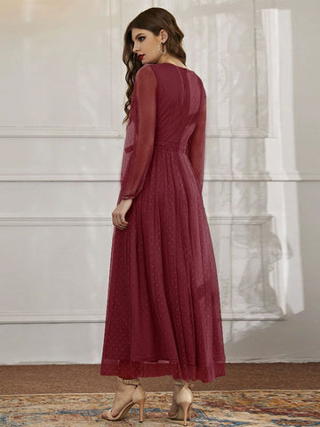 Maxi Dress Jewel Neck Long Sleeves Casual Sheer Sash Long Dress
