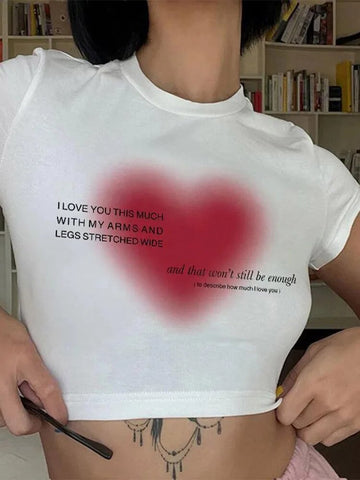 Camiseta con estampado de corazón estético para mujer, camisetas de anime kawaii de los 90, camisetas de manga corta de verano, ropa urbana Kpop Y2K para mujer 