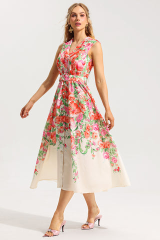 Vestido midi sin mangas con estampado floral y cinturón 