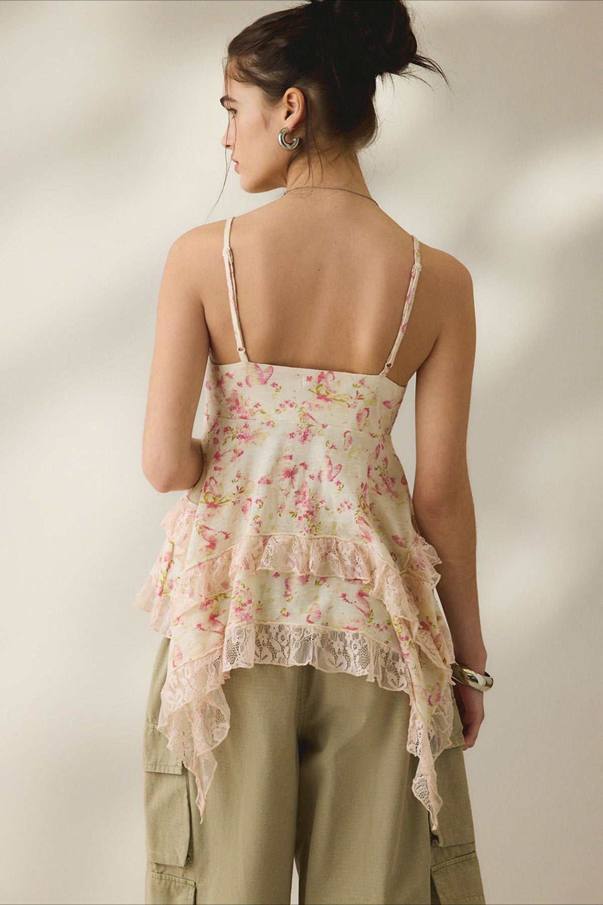 Retro Floral Chiffon Ruffled Cami Top