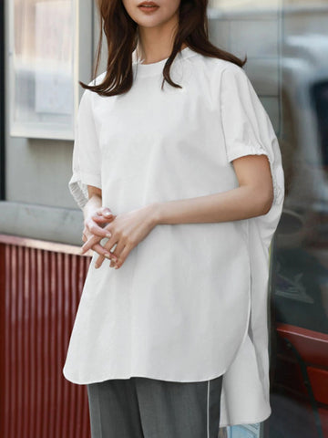 High-Low Loose Elasticity Solid Color Split-Side Rundhals-T-Shirts Tops 