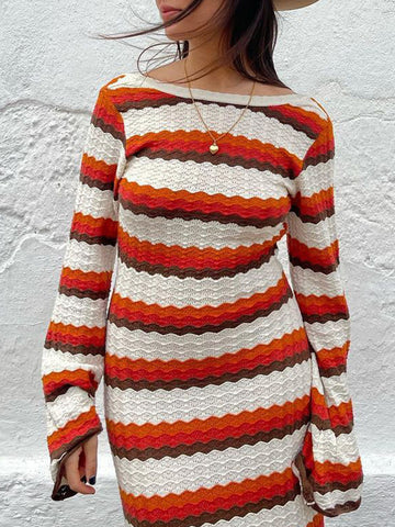 Vestidos largos de cuello redondo, sueltos, sin espalda, con abertura en la parte posterior y a rayas 