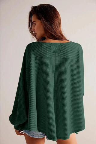 blackish green waffle v neck loose blouse