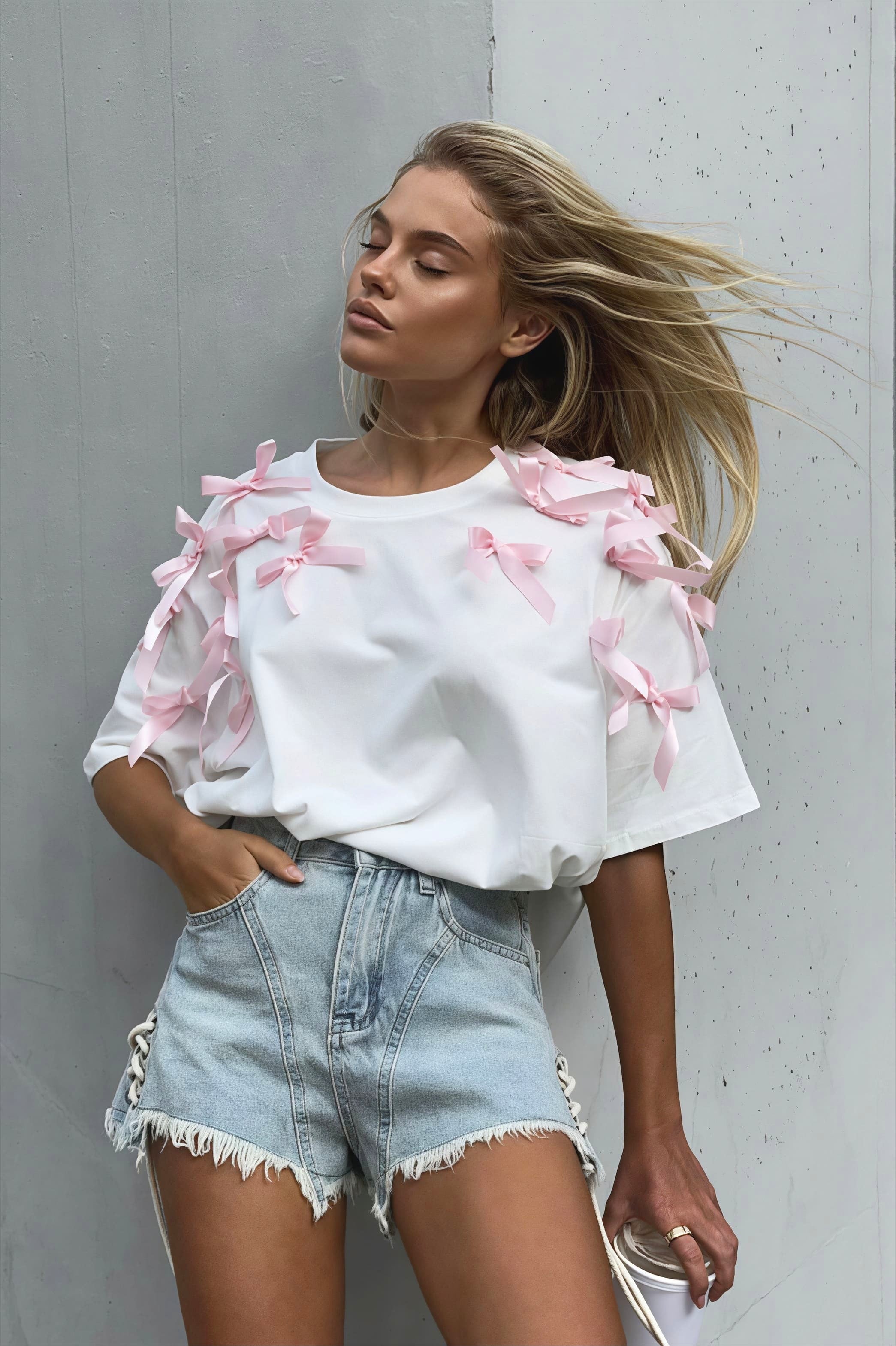 Cute Bowknot Ribbon Loose Short Sleeve T-shirt
