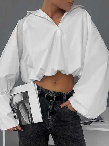 Loose Puff Sleeves Asymmetric Solid Color Split-Joint Lapel Blouses&Shirts Tops