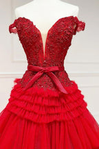 Prinzessinnen-Abendkleid in A-Linie, schulterfrei, lila, lang, mit Rüschen