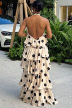 Knit Polka Dot Halter Backless Ruffle Maxi Dress