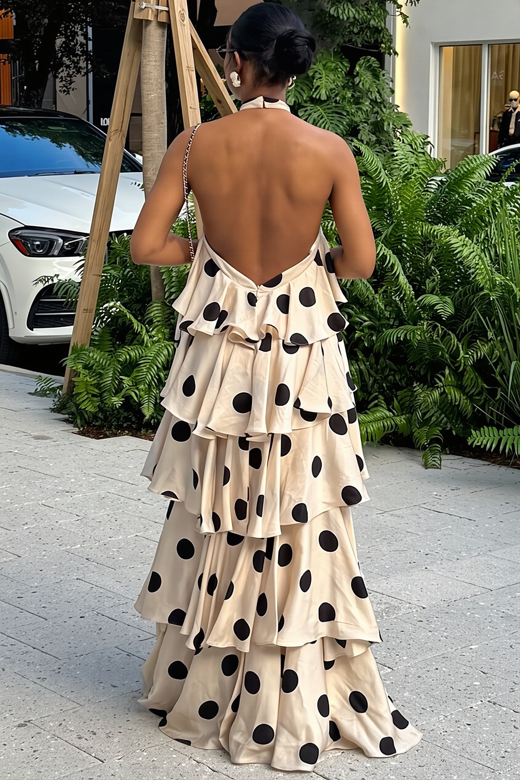 Knit Polka Dot Halter Backless Ruffle Maxi Dress
