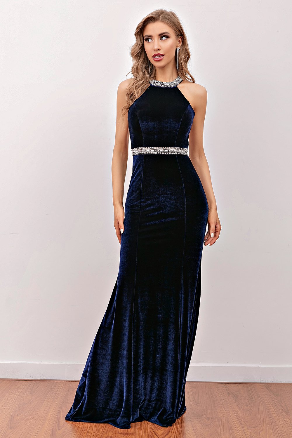 Langes, marineblaues Meerjungfrauen-Samt-Abendkleid