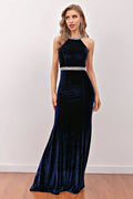 Langes, marineblaues Meerjungfrauen-Samt-Abendkleid