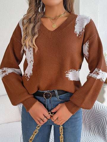 Suéter informal de otoño e invierno con mangas abullonadas y rayas de colores contrastantes para mujer 