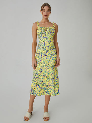 Vestido midi bohemio de vacaciones con estampado floral de tirantes 