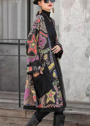 Lockerer V-Ausschnitt, bedruckte Taschen, Baumwollstrick, lange Strickjacke, lange Ärmel 