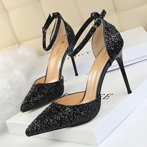 summer new European style stiletto heels shallow mouth pointed head sequins sexy nightclub show thin sandals for women