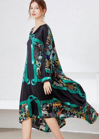 Vestidos largos de otoño con cuello en V, estampado vintage en negro y verde 