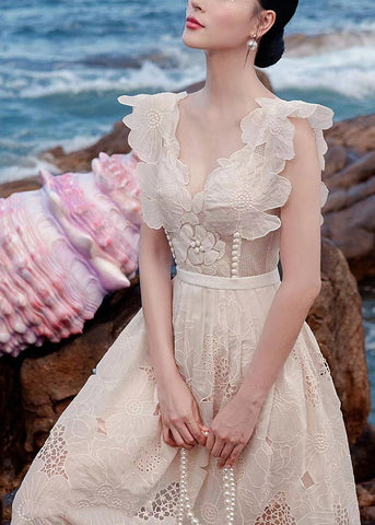 Floral Apricot V-Ausschnitt Aushöhlen Baumwolle Kleider Ärmellos 