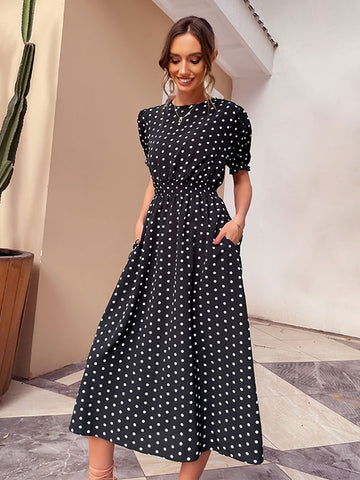 Polka Dot Classic Jewel Neck Short Sleeves Midi Dress