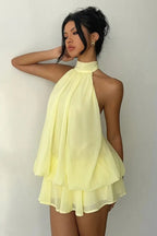 Solid Halter Cutout Back Tie Waist Cinch Mini Dress