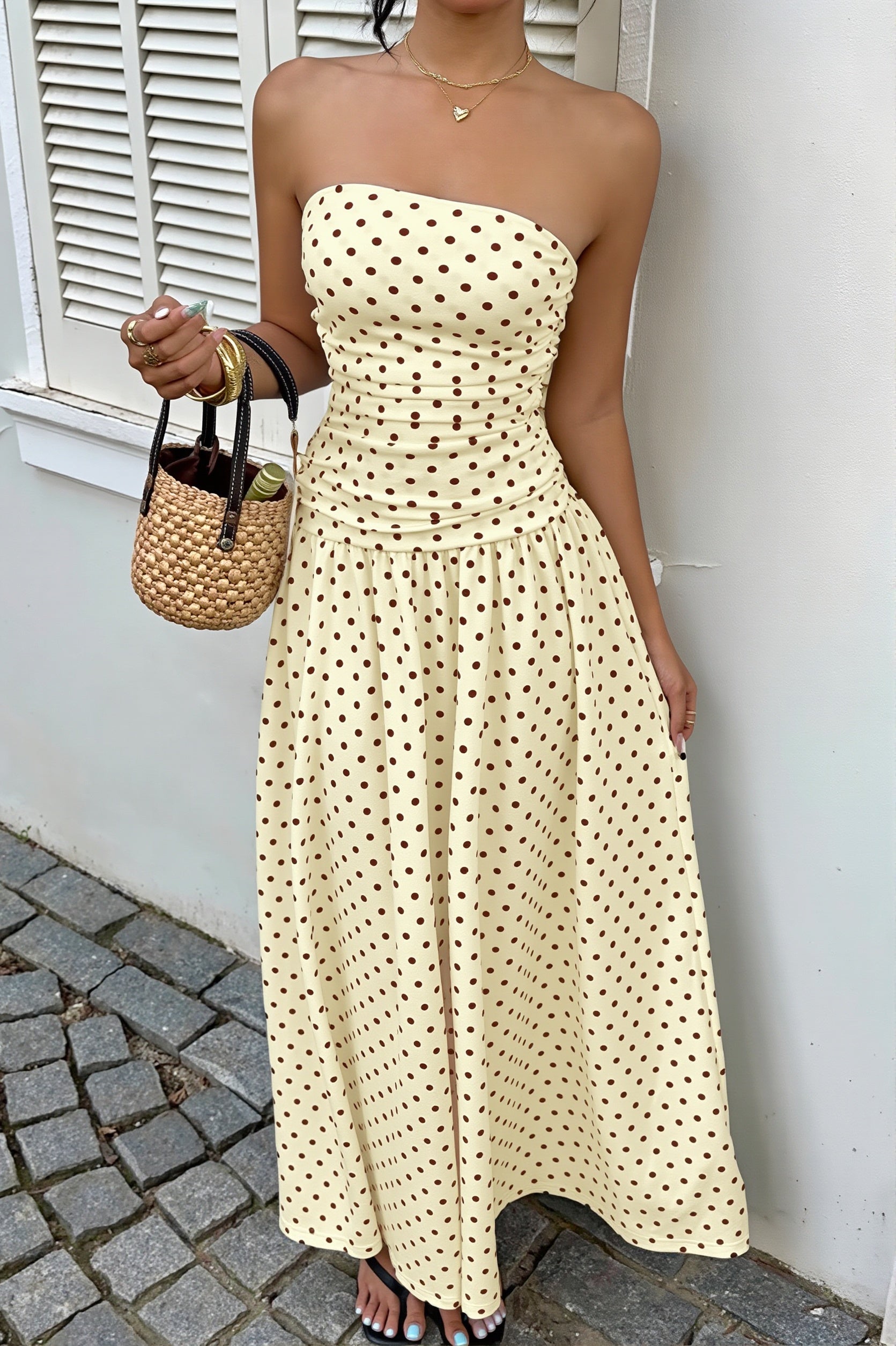Polka Dot Strapless Sleeveless Ruffle Slim Maxi Dress