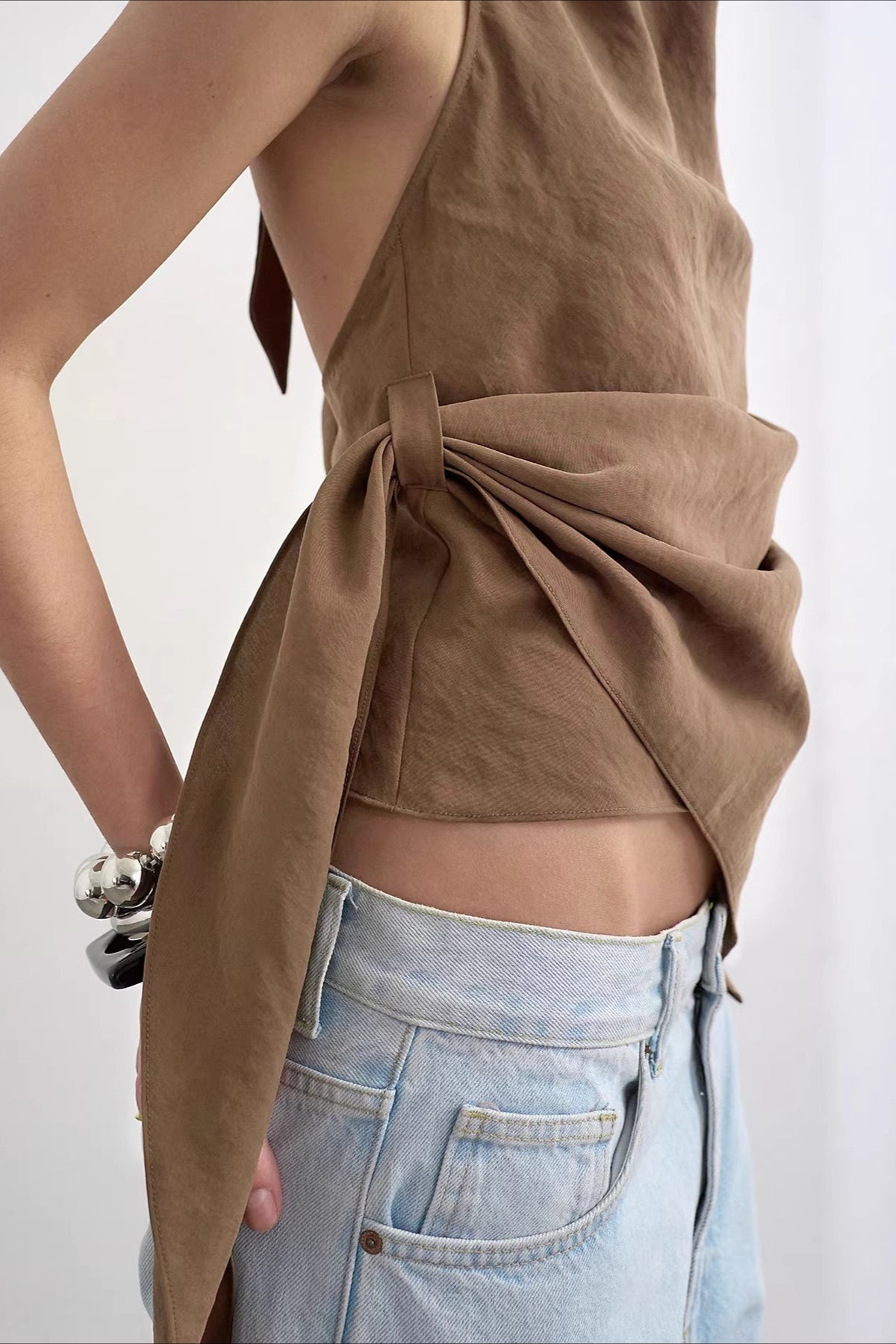 Cowl Neck Backless Asym Draped Halter Top