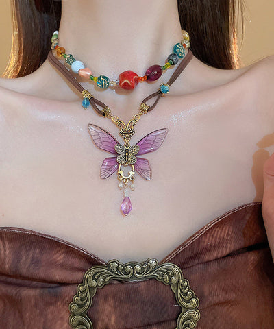 Collar vintage con colgante de mariposa de cristal de aleación de plata de ley morada 