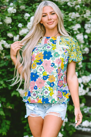 fresh green floral bubble sleeve blouse