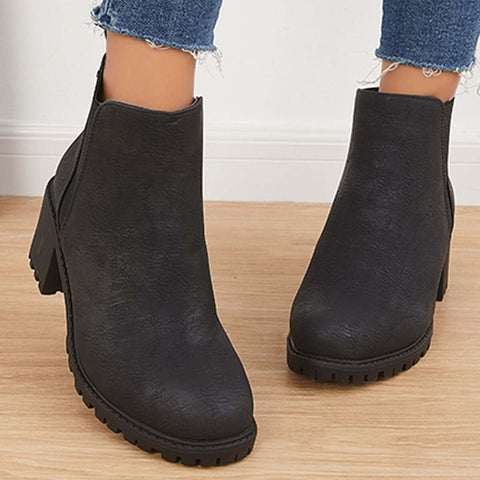 Chelsea-Stiefel aus Kunstleder mit Profilsohle, Schlupfstiefeletten mit dickem Absatz 