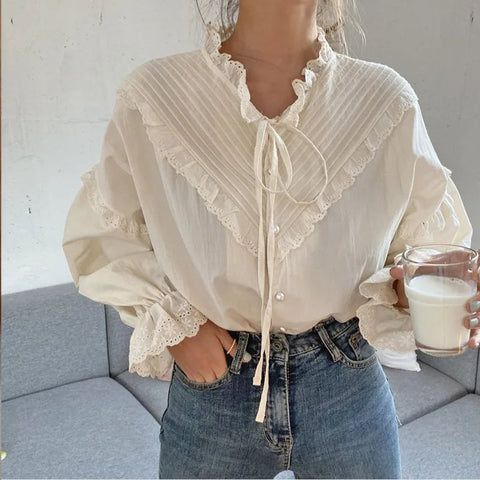 Lace Hollow-Out Long Sleeve Blouse