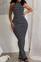 Striped Backless Tie-Back Halter Maxi Dress