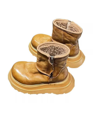 Mode Karamell Kunstleder Stiefel Fuzzy Wolle Gefüttert Spleißen Mit Reißverschluss 