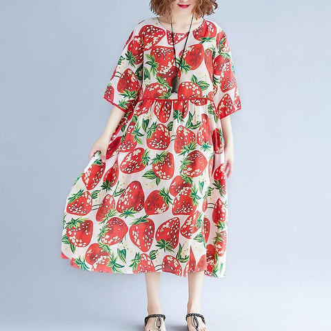 Vestido de gasa natural con estampado rojo para mujer, vestido extragrande, boutique, manga corta, cuello redondo, vestido midi con dobladillo extra grande 