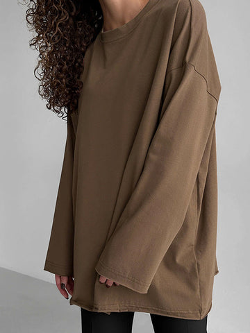 Long Sleeves Loose Solid Color Round-Neck T-Shirts Tops