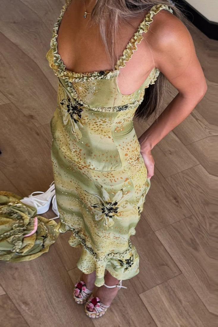 V Neck Ruched Ruffle Floral Print Midi Dress