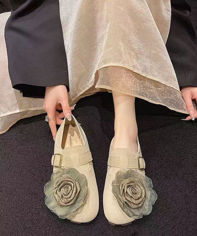 Zapatos planos de piel sintética con estampado floral color caqui y empalme suave para mujer 