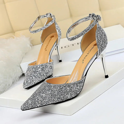 summer new European style stiletto heels shallow mouth pointed head sequins sexy nightclub show thin sandals for women