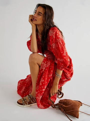 A-Line Flowy Dress Printed V-Neck Puff Sleeves Casual Summer Maxi Dresses