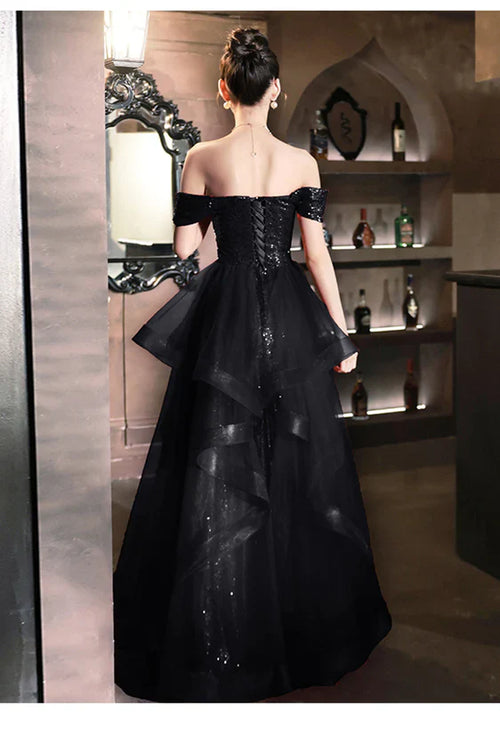 A-Line Princess Tulle Sequins Ruffle Tiered Long Prom Dress with Leg Slit Black Formal Dress