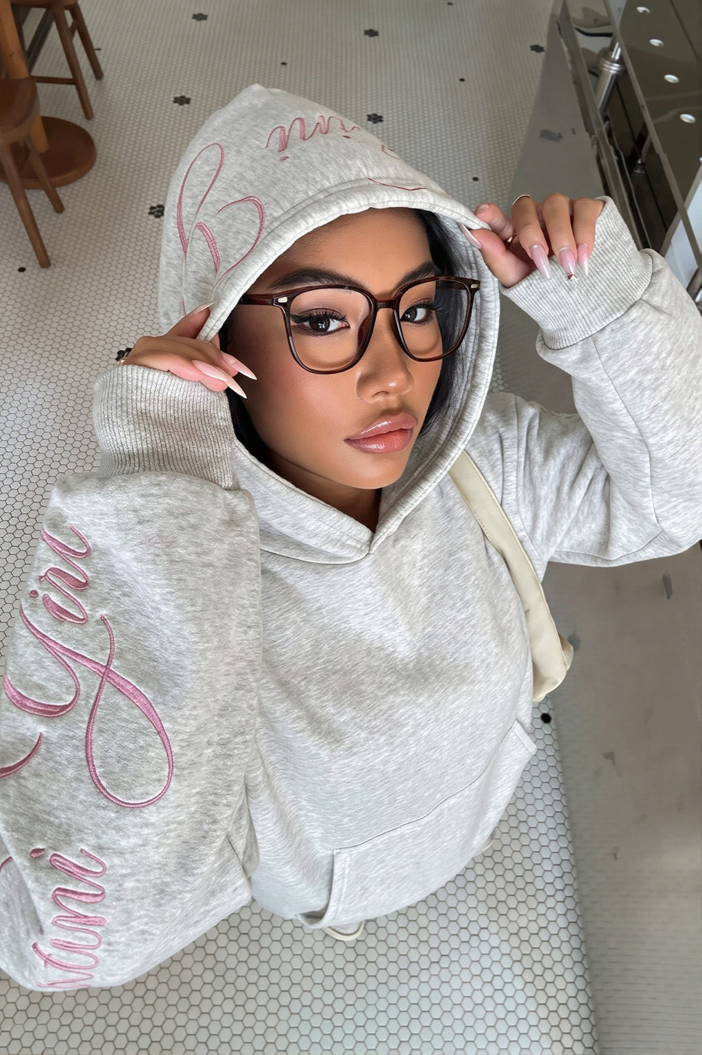 Pink Script Embroidered Pullover Hoodie