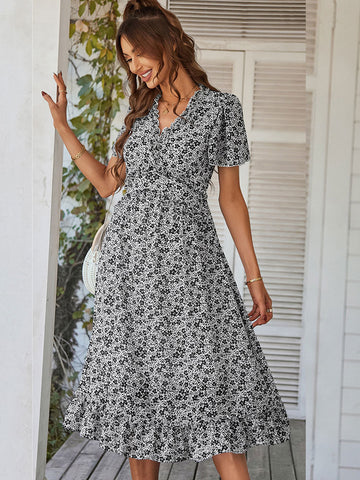 Printed V-Neck Short Sleeves Midi Dress