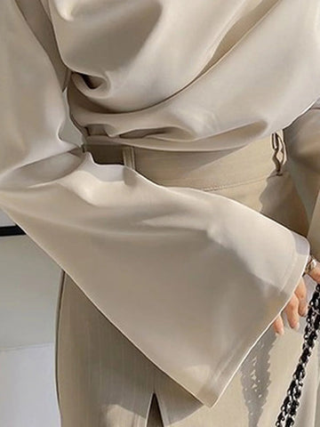 Flared Sleeves Long Sleeves Pleated Solid Color Boat Neck T-Shirts Tops