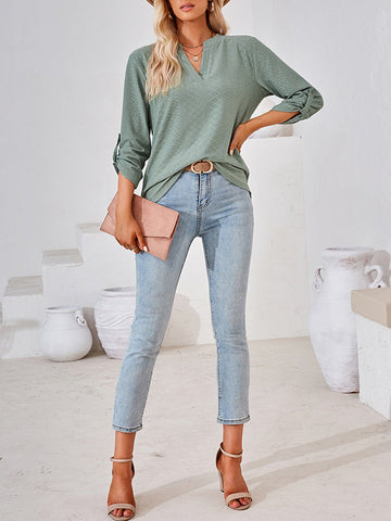 Loose Three-Quarter Sleeves Jacquard Solid Color V-Neck T-Shirts