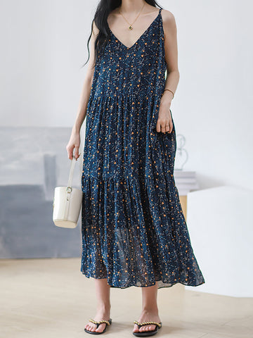 Women Vintage Floral Pleat V-Neck Loose Vest Dress