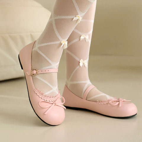 - Primavera Otoño Rosa Blanco Mary Janes Zapatos Planos Mujer Punta Redonda Hebilla Correa Lolita Niñas Estudiantes Ballet Flats Talla Grande 43 44 45 
